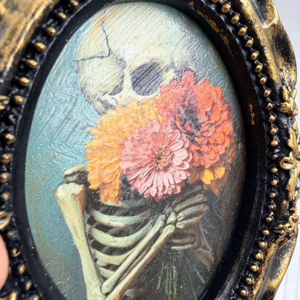 Gothic Skeleton Floral Art Print Decoupage Ornate Gold Resin Oval Frame 4